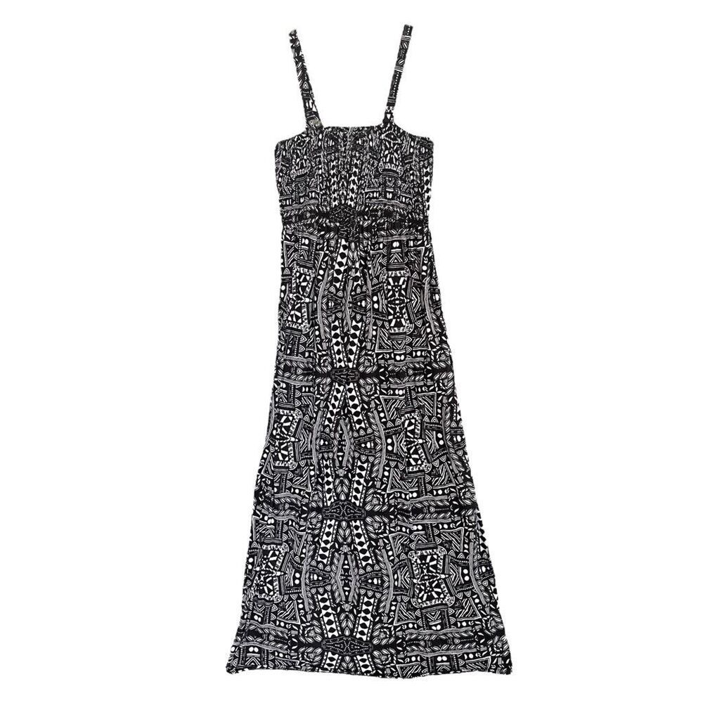Faded Glory Smocked Maxi Dress Womens 1X Stretch Black White Beachy Geometric